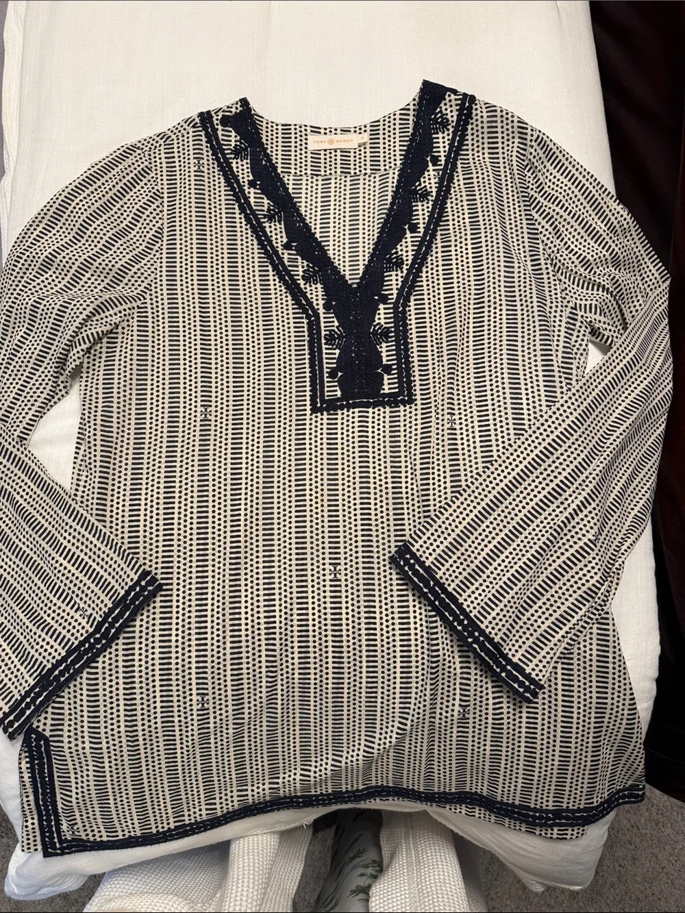 Tory Burch Navy and White V-Neck Lace-Trim Tunic